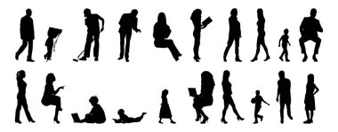 Vektör siluetleri, insanların ana hatları, Contour çizimleri, insanların siluetleri, ikon kümesi izole edilmiş, oturan insanların silueti, mimari set