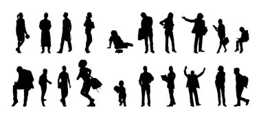 Vektör siluetleri, insanların ana hatları, Contour çizimleri, insanların siluetleri, ikon kümesi izole edilmiş, oturan insanların silueti, mimari set