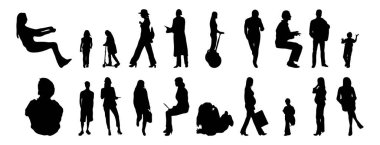 Vektör siluetleri, insanların ana hatları, Contour çizimleri, insanların siluetleri, ikon kümesi izole edilmiş, oturan insanların silueti, mimari set