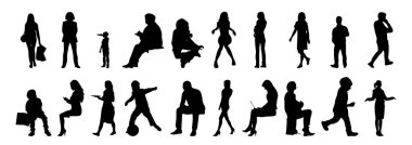 Vektör siluetleri, insanların ana hatları, Contour çizimleri, insanların siluetleri, ikon kümesi izole edilmiş, oturan insanların silueti, mimari set