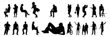 Vektör siluetleri, insanların ana hatları, Contour çizimleri, insanların siluetleri, ikon kümesi izole edilmiş, oturan insanların silueti, mimari set