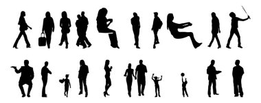 Vektör siluetleri, insanların ana hatları, Contour çizimleri, insanların siluetleri, ikon kümesi izole edilmiş, oturan insanların silueti, mimari set