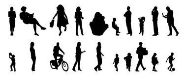 Vektör siluetleri, insanların ana hatları, Contour çizimleri, insanların siluetleri, ikon kümesi izole edilmiş, oturan insanların silueti, mimari set