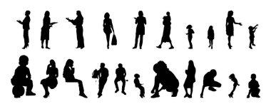 Vektör siluetleri, insanların ana hatları, Contour çizimleri, insanların siluetleri, ikon kümesi izole edilmiş, oturan insanların silueti, mimari set