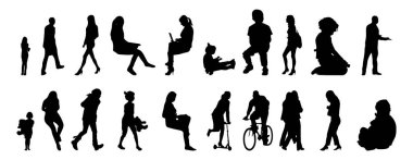 Vektör siluetleri, insanların ana hatları, Contour çizimleri, insanların siluetleri, ikon kümesi izole edilmiş, oturan insanların silueti, mimari set