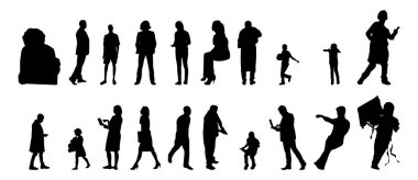 Vektör siluetleri, insanların ana hatları, Contour çizimleri, insanların siluetleri, ikon kümesi izole edilmiş, oturan insanların silueti, mimari set