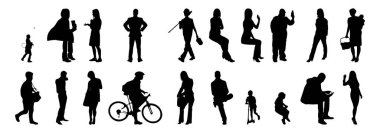 Vektör siluetleri, insanların ana hatları, Contour çizimleri, insanların siluetleri, ikon kümesi izole edilmiş, oturan insanların silueti, mimari set