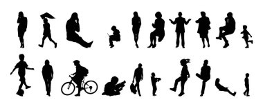 Vektör siluetleri, insanların ana hatları, Contour çizimleri, insanların siluetleri, ikon kümesi izole edilmiş, oturan insanların silueti, mimari set