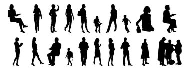 Vektör siluetleri, insanların ana hatları, Contour çizimleri, insanların siluetleri, ikon kümesi izole edilmiş, oturan insanların silueti, mimari set