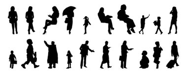 Vektör siluetleri, insanların ana hatları, Contour çizimleri, insanların siluetleri, ikon kümesi izole edilmiş, oturan insanların silueti, mimari set