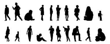 Vektör siluetleri, insanların ana hatları, Contour çizimleri, insanların siluetleri, ikon kümesi izole edilmiş, oturan insanların silueti, mimari set