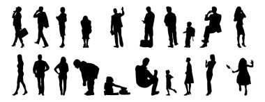 Vektör siluetleri, insanların ana hatları, Contour çizimleri, insanların siluetleri, ikon kümesi izole edilmiş, oturan insanların silueti, mimari set