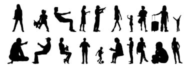 Vektör siluetleri, insanların ana hatları, Contour çizimleri, insanların siluetleri, ikon kümesi izole edilmiş, oturan insanların silueti, mimari set