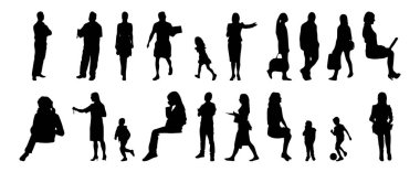Vektör siluetleri, insanların ana hatları, Contour çizimleri, insanların siluetleri, ikon kümesi izole edilmiş, oturan insanların silueti, mimari set