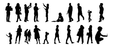 Vektör siluetleri, insanların ana hatları, Contour çizimleri, insanların siluetleri, ikon kümesi izole edilmiş, oturan insanların silueti, mimari set