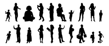 Vektör siluetleri, insanların ana hatları, Contour çizimleri, insanların siluetleri, ikon kümesi izole edilmiş, oturan insanların silueti, mimari set