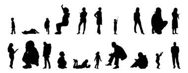 Vektör siluetleri, insanların ana hatları, Contour çizimleri, insanların siluetleri, ikon kümesi izole edilmiş, oturan insanların silueti, mimari set