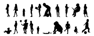 Vektör siluetleri, insanların ana hatları, Contour çizimleri, insanların siluetleri, ikon kümesi izole edilmiş, oturan insanların silueti, mimari set