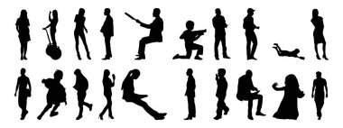 Vektör siluetleri, insanların ana hatları, Contour çizimleri, insanların siluetleri, ikon kümesi izole edilmiş, oturan insanların silueti, mimari set