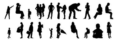 Vektör siluetleri, insanların ana hatları, Contour çizimleri, insanların siluetleri, ikon kümesi izole edilmiş, oturan insanların silueti, mimari set