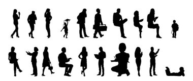 Vektör siluetleri, insanların ana hatları, Contour çizimleri, insanların siluetleri, ikon kümesi izole edilmiş, oturan insanların silueti, mimari set