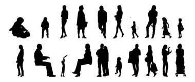 Vektör siluetleri, insanların ana hatları, Contour çizimleri, insanların siluetleri, ikon kümesi izole edilmiş, oturan insanların silueti, mimari set