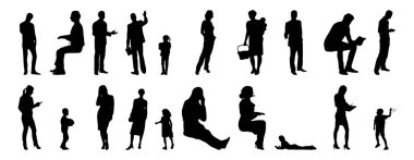 Vektör siluetleri, insanların ana hatları, Contour çizimleri, insanların siluetleri, ikon kümesi izole edilmiş, oturan insanların silueti, mimari set
