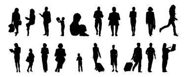 Vektör siluetleri, insanların ana hatları, Contour çizimleri, insanların siluetleri, ikon kümesi izole edilmiş, oturan insanların silueti, mimari set