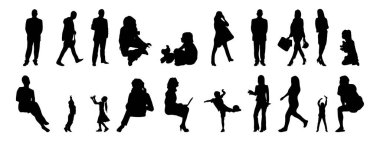Vektör siluetleri, insanların ana hatları, Contour çizimleri, insanların siluetleri, ikon kümesi izole edilmiş, oturan insanların silueti, mimari set
