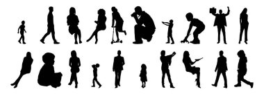 Vektör siluetleri, insanların ana hatları, Contour çizimleri, insanların siluetleri, ikon kümesi izole edilmiş, oturan insanların silueti, mimari set