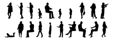 Vektör siluetleri, insanların ana hatları, Contour çizimleri, insanların siluetleri, ikon kümesi izole edilmiş, oturan insanların silueti, mimari set