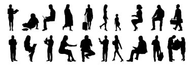 Vektör siluetleri, insanların ana hatları, Contour çizimleri, insanların siluetleri, ikon kümesi izole edilmiş, oturan insanların silueti, mimari set