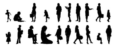 Vektör siluetleri, insanların ana hatları, Contour çizimleri, insanların siluetleri, ikon kümesi izole edilmiş, oturan insanların silueti, mimari set