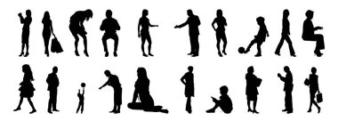 Vektör siluetleri, insanların ana hatları, Contour çizimleri, insanların siluetleri, ikon kümesi izole edilmiş, oturan insanların silueti, mimari set