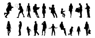 Vektör siluetleri, insanların ana hatları, Contour çizimleri, insanların siluetleri, ikon kümesi izole edilmiş, oturan insanların silueti, mimari set