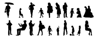 Vektör siluetleri, insanların ana hatları, Contour çizimleri, insanların siluetleri, ikon kümesi izole edilmiş, oturan insanların silueti, mimari set