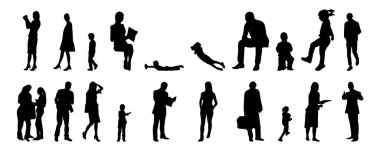 Vektör siluetleri, insanların ana hatları, Contour çizimleri, insanların siluetleri, ikon kümesi izole edilmiş, oturan insanların silueti, mimari set