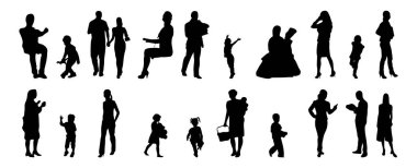 Vektör siluetleri, insanların ana hatları, Contour çizimleri, insanların siluetleri, ikon kümesi izole edilmiş, oturan insanların silueti, mimari set