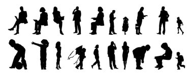 Vektör siluetleri, insanların ana hatları, Contour çizimleri, insanların siluetleri, ikon kümesi izole edilmiş, oturan insanların silueti, mimari set