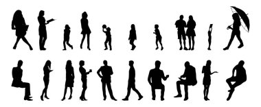 Vektör siluetleri, insanların ana hatları, Contour çizimleri, insanların siluetleri, ikon kümesi izole edilmiş, oturan insanların silueti, mimari set