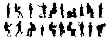 Vektör siluetleri, insanların ana hatları, Contour çizimleri, insanların siluetleri, ikon kümesi izole edilmiş, oturan insanların silueti, mimari set