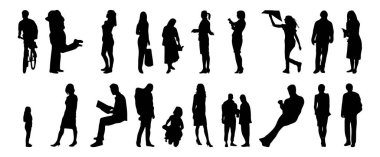 Vektör siluetleri, insanların ana hatları, Contour çizimleri, insanların siluetleri, ikon kümesi izole edilmiş, oturan insanların silueti, mimari set