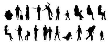 Vektör siluetleri, insanların ana hatları, Contour çizimleri, insanların siluetleri, ikon kümesi izole edilmiş, oturan insanların silueti, mimari set