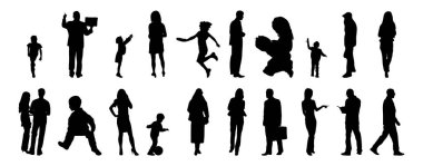 Vektör siluetleri, insanların ana hatları, Contour çizimleri, insanların siluetleri, ikon kümesi izole edilmiş, oturan insanların silueti, mimari set