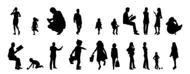 Vektör siluetleri, insanların ana hatları, Contour çizimleri, insanların siluetleri, ikon kümesi izole edilmiş, oturan insanların silueti, mimari set