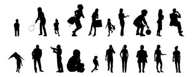 Vektör siluetleri, insanların ana hatları, Contour çizimleri, insanların siluetleri, ikon kümesi izole edilmiş, oturan insanların silueti, mimari set