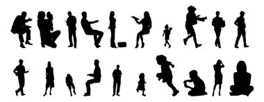 Vektör siluetleri, insanların ana hatları, Contour çizimleri, insanların siluetleri, ikon kümesi izole edilmiş, oturan insanların silueti, mimari set