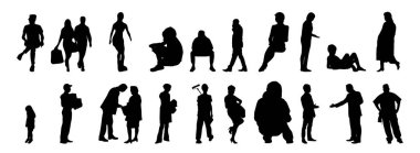 Vektör siluetleri, insanların ana hatları, Contour çizimleri, insanların siluetleri, ikon kümesi izole edilmiş, oturan insanların silueti, mimari set