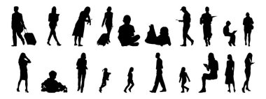 Vektör siluetleri, insanların ana hatları, Contour çizimleri, insanların siluetleri, ikon kümesi izole edilmiş, oturan insanların silueti, mimari set