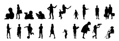 Vektör siluetleri, insanların ana hatları, Contour çizimleri, insanların siluetleri, ikon kümesi izole edilmiş, oturan insanların silueti, mimari set